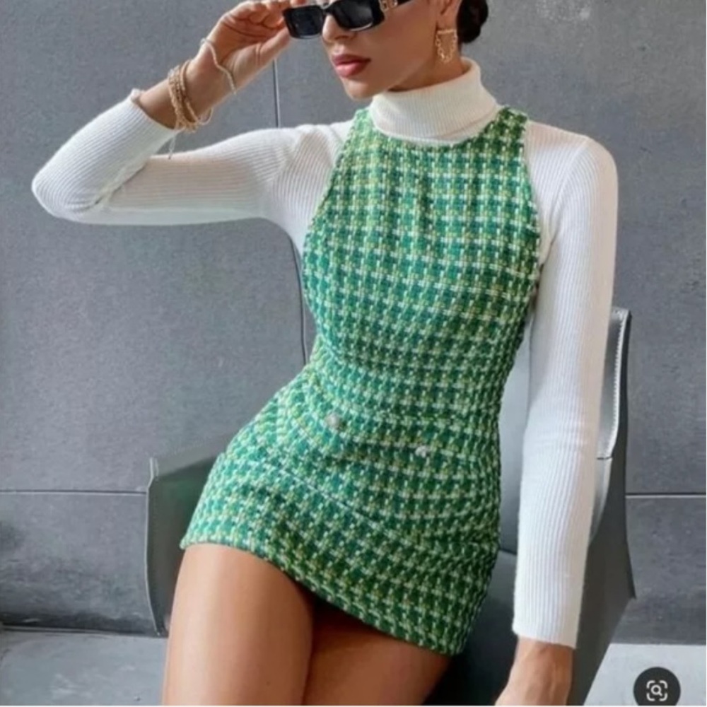 Zara Green and White Houndstooth Pinafore Mini Dress Blogger’s Favorite - Picture 2 of 12